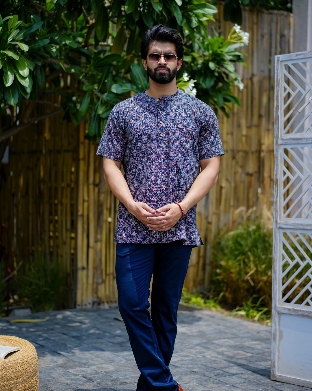 Blue Ajrak Pure Cotton Bushirt for Men